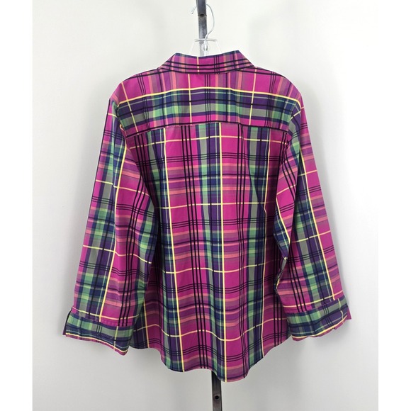 Foxcroft Button Up 3/4 Sleeve Collar Plaid Print Top Pink Multicolor 16 - Picture 2 of 7